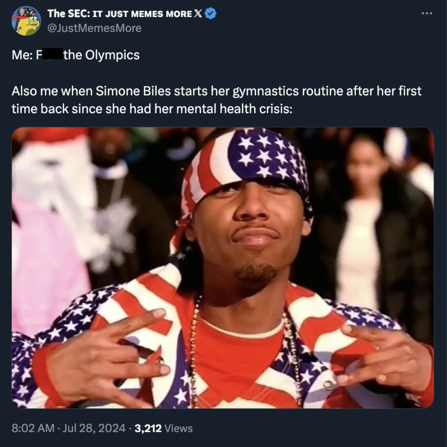 photo caption - The Sec It Just Memes More X Me F the Olympics Also me when Simone Biles starts her gymnastics routine after her first time back since she had her mental health crisis 3,212 views